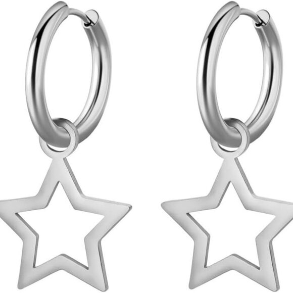 Minimalist Star Dangle Hoop Earrings for Women - Hypoallergenic Stainless Steel, - Picture 1 of 6
